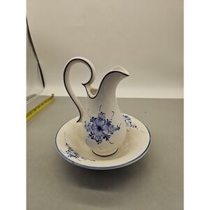 Loucart Portugal Pitcher Bowl Set Blue Floral Vintage MCM